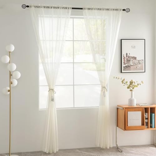 Sheer Rod Pocket Curtains 4 Panels - Ivory Voile Draperies 52x108