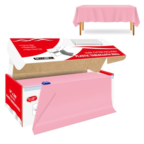 Pink Plastic Tablecloth Roll 54x200 Feet, Disposable Party Cover with Cutter