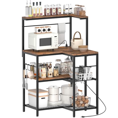 L-Shaped 4-Tier Bakers Rack with Power Outlet and Wine Storage, Rustic Brown