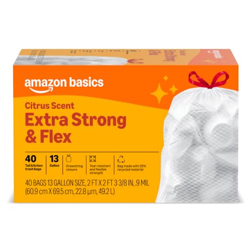 13 Gallon Extra Strong Tall Kitchen Drawstring Trash Bags, Citrus Scent - 40 Pack