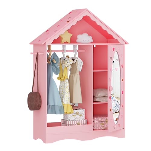 Kids Dollhouse Dress Up Wardrobe with Mirror and Storage Closet