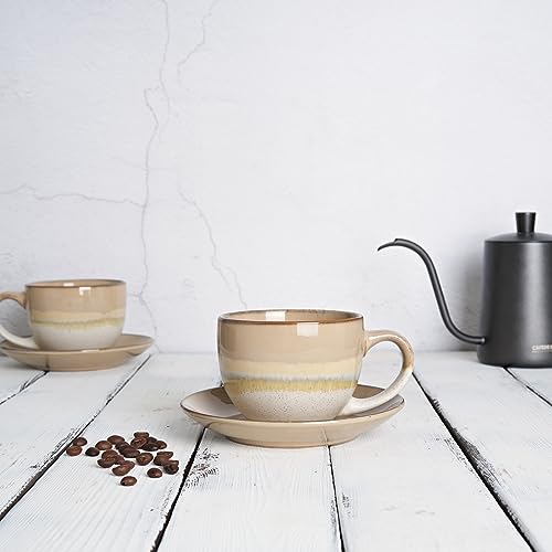 Bosmarlin Brown Ceramic Cappuccino Cup & Saucer Set of 2, 10 Oz Coffee Mugs