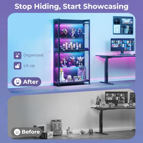 4-Tier Industrial Display Cabinet with Tempered Glass Shelves and RGB Lighting