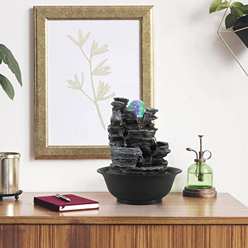 Tabletop Water Fountain with LED Light & Rolling Ball - Quiet Indoor Waterfall