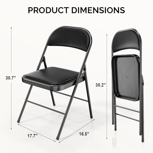 Padded Folding Chair with Steel Frame, Set of 4, Black PU Leather