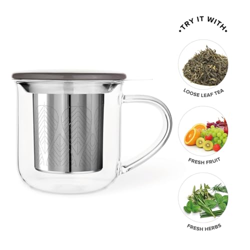 VIVA Minima Eva Glass Tea Cup with Infuser & Lid - Wool Grey, 14 oz