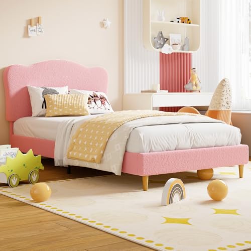 Twin Upholstered Platform Bed Frame with Scallop Headboard, Pink Berber Fleece