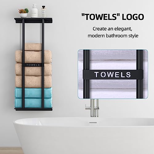 STWWO Wall Mounted Bathroom Towel Rack with Shelf, Holds 6 Towels - Black