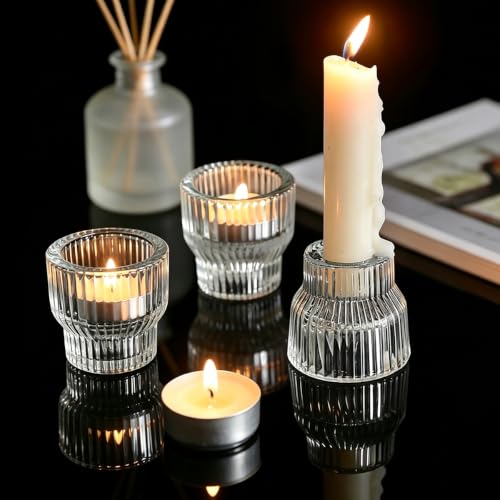 JMMAYIG 36 Pack Tealight & Taper Candle Holder Set - 2-in-1 Clear Ribbed Glass Decor