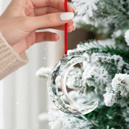 2026 Clear Crystal Moon Hanging Ornament Suncatcher – 3in x 6.4cm, H&D HYALINE & DORA, Includes Gift Box & Ribbon, Variation: Clear Moon Christmas