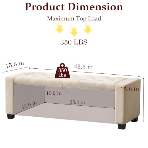 Tufted Linen Storage Bench Ottoman - Beige Upholstered Bedroom Seating