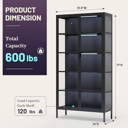 71-Inch Tall Glass Display Cabinet with Motion Sensor LED Lights