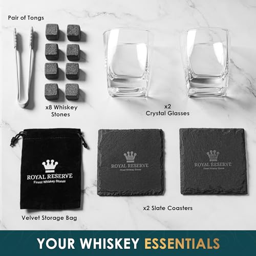 Royal Reserve Whiskey Glass Set with Classic Glasses and Chilling Rocks - Gift for Men & Dad