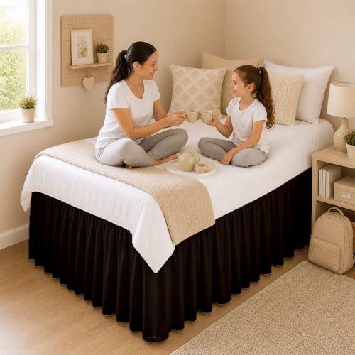 Twin XL Ruffled Bed Skirt with 36 Inch Drop - Black Microfiber Dorm Skirt