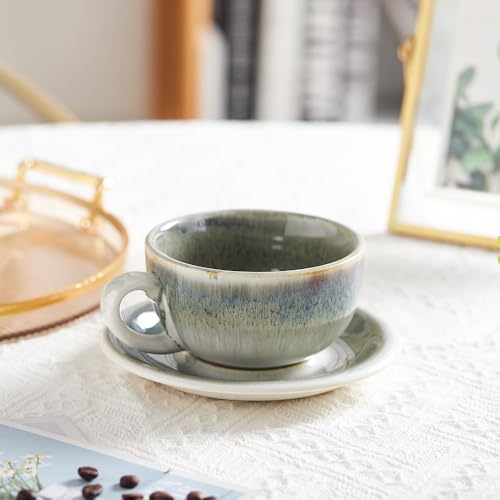 Coffeezone Space Grey 12 oz Vintage Ceramic Latte Art Cappuccino Cup & Saucer