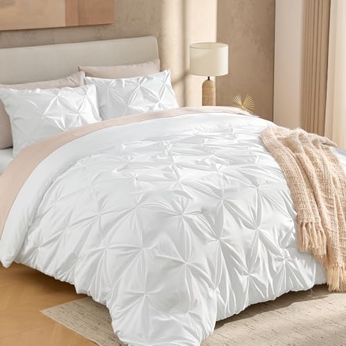 Queen White Pinch Pleat Comforter Set - 3 Piece All-Season Bedding Set