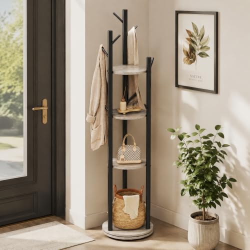 Rotating Coat Rack Stand with 9 Hooks and 4-Tier Storage Shelves, Grey