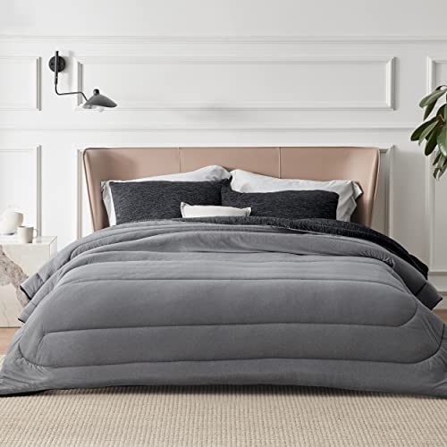 Queen Cooling Comforter Set - Reversible All-Season Bedding, Charcoal Black