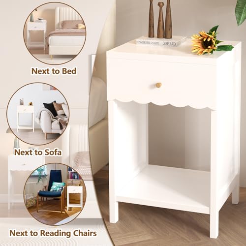 Scalloped White Nightstand with Drawer and Open Storage Shelf