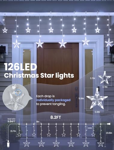 White 126 LED Star Icicle Christmas Curtain Lights 8.2FT with 8 Modes & Timer