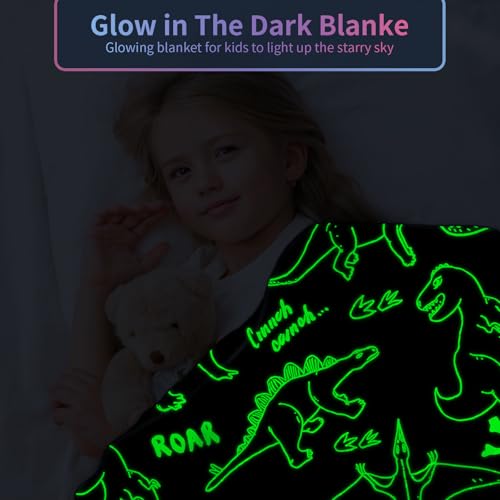 Glow in the Dark Dinosaur Throw Blanket for Kids, Soft Fleece 40x50 Inch