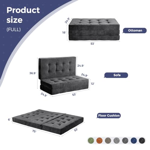 6-Inch Tri-Fold Floor Mattress and Sofa Bed, Full Size Tufted Chenille Couch