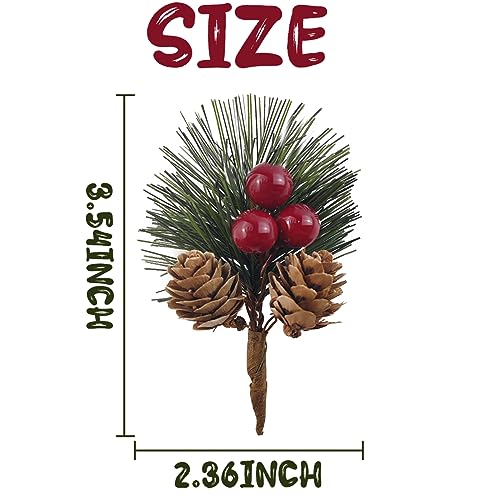 25PCS Artificial Pine Picks with Red Berries & Pinecones – Fake Pine Branches for Christmas Crafts