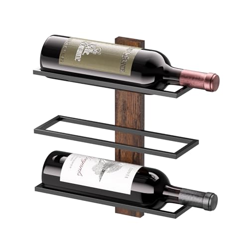 Wall Mounted Wine Rack - 3 Bottle Wood and Metal Display Shelf for Small Spaces