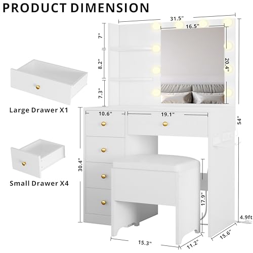 Vanity Desk with Mirror, Lights, and Stool - 5-Drawer Makeup Table, White
