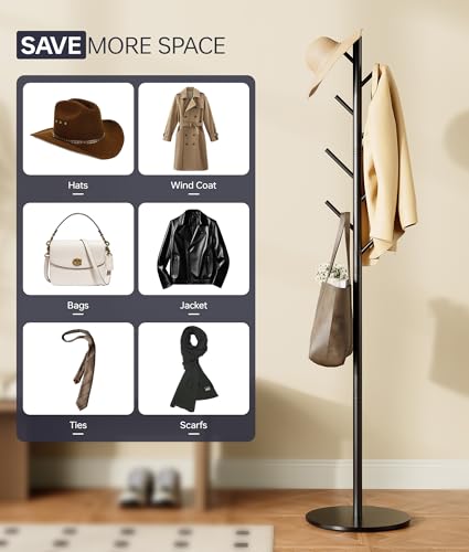 Freestanding Metal Coat Rack with Sintered Stone Base and 8 Hooks