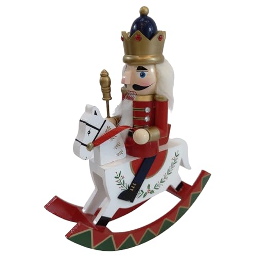 Hand-Painted Wooden Nutcracker Rocking Horse Soldier Figurine - Red, 10-Inch