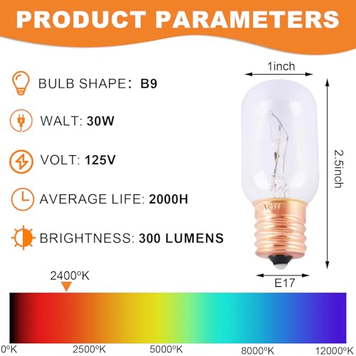 E17 Microwave Light Bulb 125V 30W - 2 Pack for Range Ovens