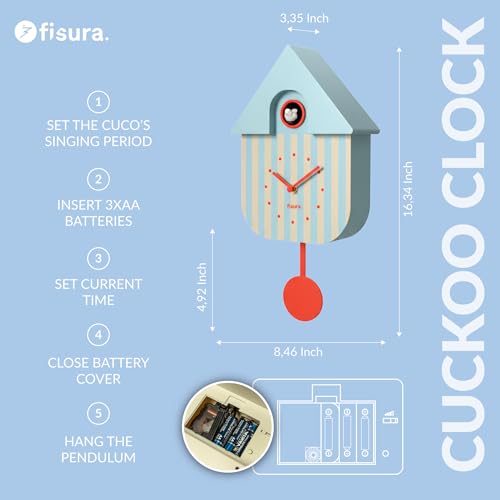 Modern Cuckoo Wall Clock with Pendulum - Blue and Beige Striped