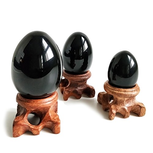 Black Obsidian Crystal Egg Set with Wooden Stands, 3-Piece Collection