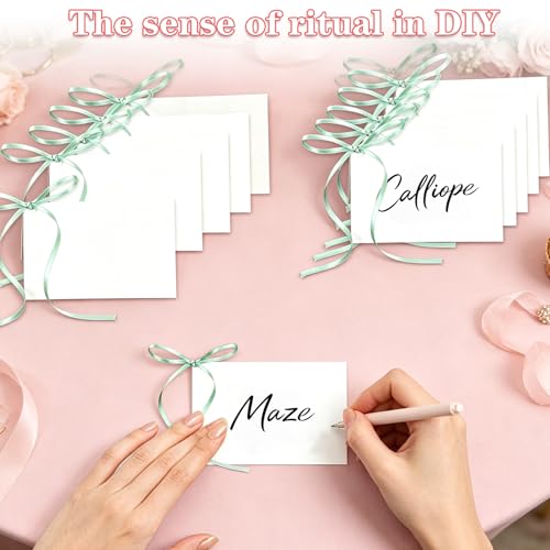 60 Set Pre-Tied Bow Wedding Name Place Cards with Satin Ribbon Sage Green