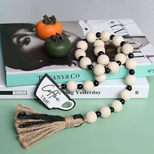 Rustic Coffee Bar Wood Bead Garland with Tassels, 31-Inch Farmhouse Decor