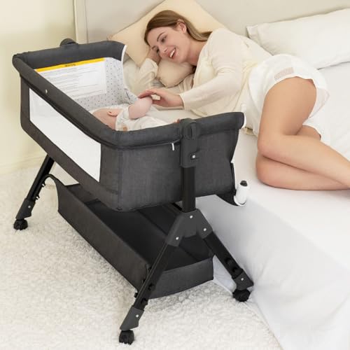 3-in-1 Portable Baby Bassinet & Bedside Sleeper with Wheels - Dark Grey