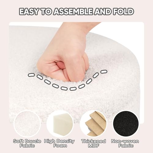 Round Folding Storage Ottoman with Wooden Tray, Boucle Foot Rest Stool