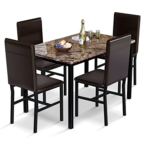 5-Piece Modern Dining Table Set for 4 with Faux Marble Top and Chairs