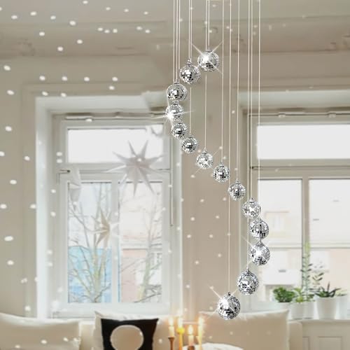 36-Inch Disco Ball Spiral Spinner Mobile with Bamboo and Mirror Accents
