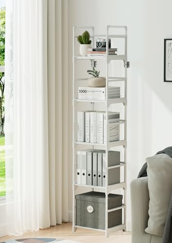 5-Tier Narrow Bookshelf, Slim White Storage Shelf for Small Spaces