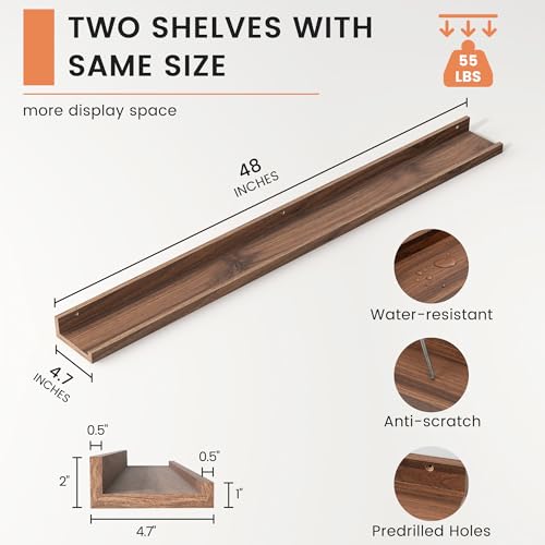 48-Inch Walnut Picture Ledge Floating Wall Shelves Set of 2