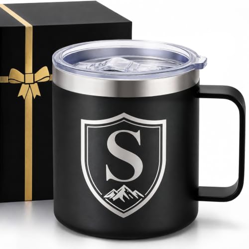 Black Personalized 14 Oz Insulated Coffee Mug with Letter S & Lid