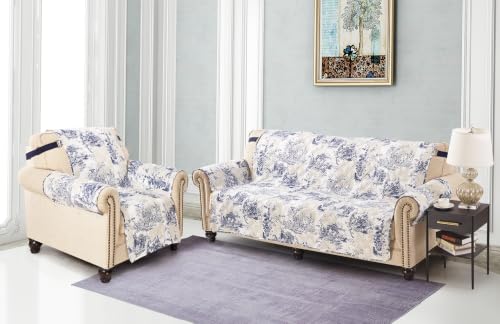 Beige and Ivory Blue Toile Loveseat Cover | Washable Quilted Protector