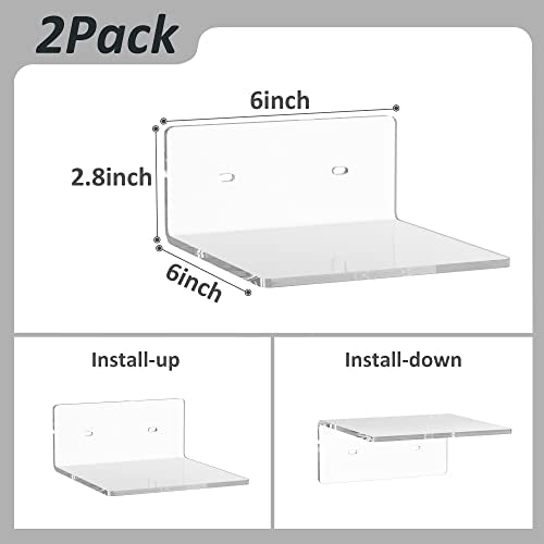 6-Inch Clear Acrylic Floating Wall Shelves - 2 Pack Heavy Duty Display Ledge