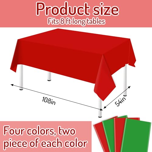JarThenaAMCS 4Pcs Christmas Plastic Tablecloth Red Green Waterproof 54x108 Inch Holiday Party Decor