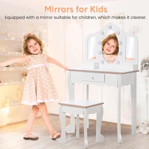 Kids Vanity Table Set with Tri-Fold Lighted Mirror and Stool, White