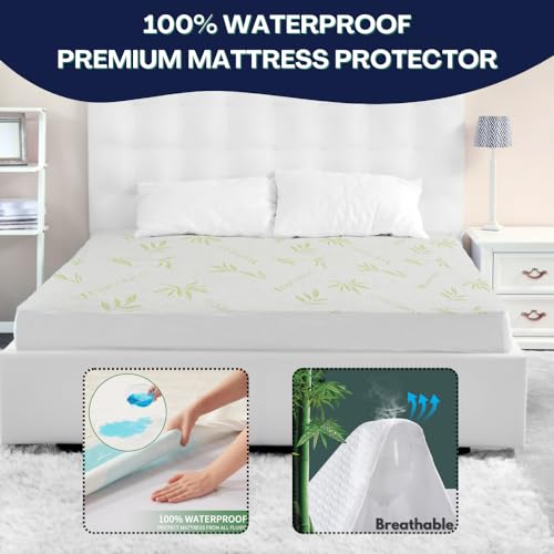 Waterproof Bamboo Queen Mattress Protector - Zippered Cooling Encasement