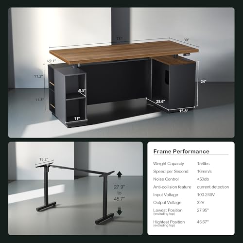 71-Inch L-Shaped Executive Standing Desk with Storage and File Cabinets