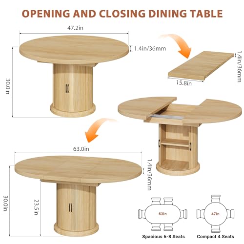 Extendable Round Dining Table 47"-63" with 2-Tier Storage, Pedestal Base
